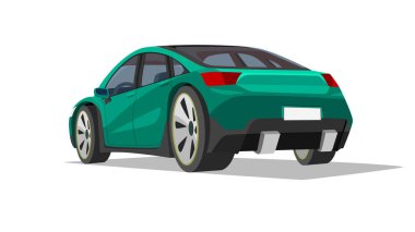 Sedan yeşili arabanın perspektifi. Arabanın içini görebiliyoruz. Beyaz arkaplan izole edilmiş.