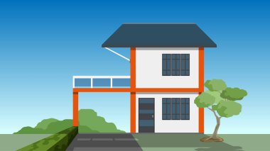 İkinci katta asgari düzeyde bir evin vektörü ya da illüstrasyonu. Evin arka tarafındaki büyük bahar ağacının arka planı. Kirli yolları ve yeşil çimenleri olan evin önünde. Açık mavi gökyüzünün altında.