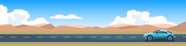 Yatay manzara ya da pankart için yarışan spor arabaların manzarası. Otlağın yanındaki asfalt yolda kuru sonbahar ortamı ve açık gökyüzünün altındaki dağ var. Düz Vektörü Kopyala.