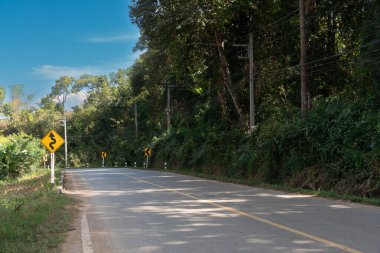 Asfalt yolun manzara manzarası. Dolambaçlı yolun yönetim kuruluyla. Mavi gökyüzünün altında yeşil ormanı olan yol kenarı.