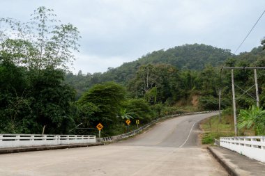 Köprüden asfalt yola uzanan yolun manzarası. Dağdaki düz ve dolambaçlı yol yemyeşil ağaçlarla kaplıdır. Mae Ngao Mae Hong Tayland 'ın Oğlu.