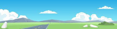 Pürüzsüz tepeler ve asfalt yolun yatay ya da manzarası. Geniş çayırlarda. Her iki tarafta da otlar büyüyor. Dağların yumuşak rengi ve beyaz bulutlu mavi gökyüzü.