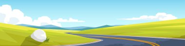 Tepeler ve tarlalar boyunca uzanan güzel asfalt yolun yatay manzarası. Kale önümüzde. Bayrak için mavi gökyüzü altında ulaşım ve doğa arkaplanı. Vektör veya illüstrati