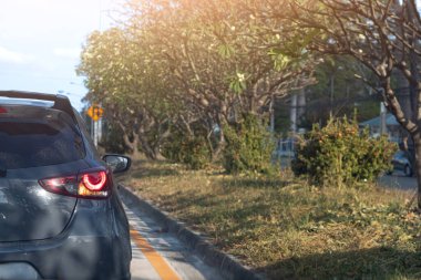 Rear side of black car with turn on brake light with turn right signal. on the road with island of grreen gras with trees on the center of road. clipart