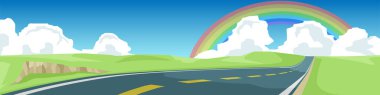 Ufuk çizgisine doğru uzanan asfalt yolu olan bir manzara çizgisi. Gökkuşağı gökyüzünde kabarık beyaz bulutlarla çevrili. Mavi gökyüzü ve beyaz bulutların altında yeşil tepeler yuvarlanıyor. 