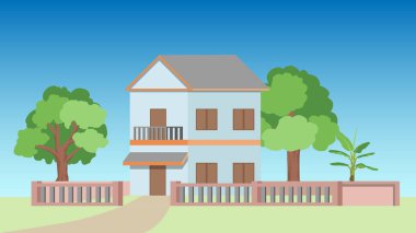 Özel iki katlı evin vektörü ya da illüstrasyonu. Evin arka tarafındaki büyük bahar ağacının arka planı. Kirli yolları ve yeşil çimenleri olan evin önünde. Bölgenin etrafını sarın. Açık mavi gökyüzünün altında