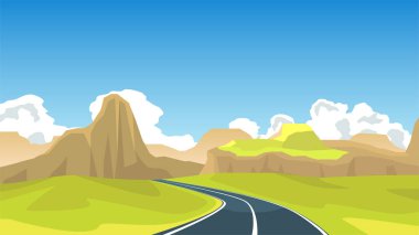 Uzağa doğru kıvrılan asfalt bir yol manzarası. Yuvarlanan tepeler ve kayalık çıkıntılar sessiz toprak tonlarıyla tasvir edilirken, tüylü beyaz bulutlar parlak mavi gökyüzünü benekler..