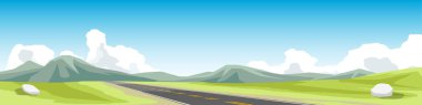 Çizgi film Vektörü ya da asfalt yolun illüstrasyon pankartı. Dümdüz vadiye giden tepe yolu. Arkaplan için yeşil açık alanlar ve mavi gökyüzünün altındaki dağ.