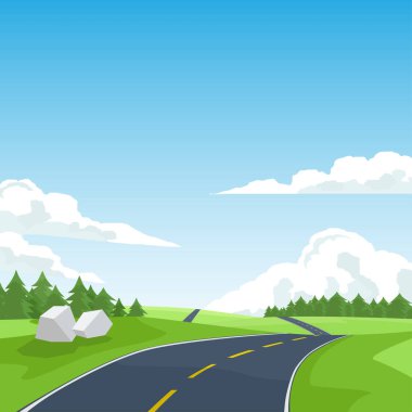 Kare Yol Gezisi 'nin vektör posteri. Sarı çizgili asfalt yol. Çam ağaçlarıyla dolu canlı yeşil bir araziden geçiyoruz. Beyaz bulutlu mavi gökyüzünün boş alan arkaplanı.