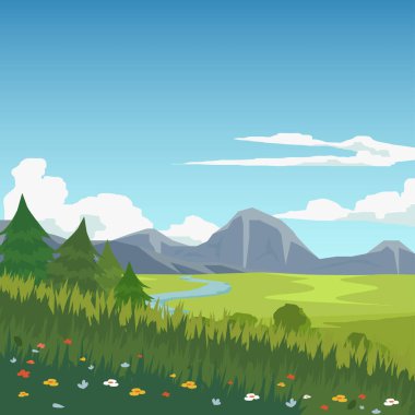 Önünde çiçek olan yeşil çimenlerin manzarası. Nehir yeşil otlakları kesiyor. Mavi gökyüzü ve beyaz bulutların altındaki dağın arka planı.