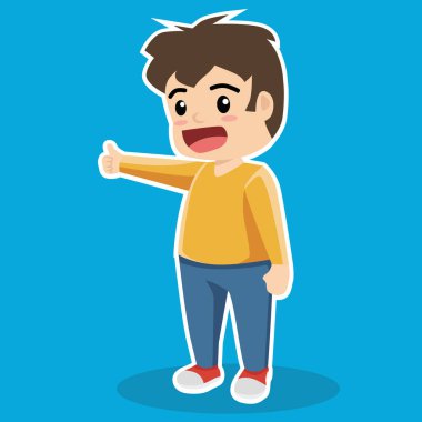 Başparmak hareketi yapan genç bir çocuk. Sarı uzun kollu gömlek, mavi pantolon ve kırmızı ayakkabılar giyiyor. O açık bir ağız ve parlak mavi bir arka plan ile gülümsüyor..