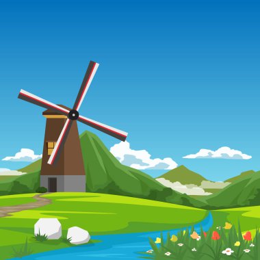 Windmill Evi 'nin Yol Yolculuğu Vektör Posteri kare şeklinde. Tepelerden akan akarsu. Çimenlerin ve çiçeklerin önünde. Dağ ve mavi gökyüzünün beyaz bulutlu boş arkaplanı.