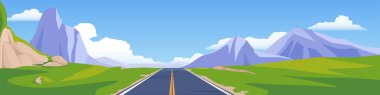 Yatay veya peyzaj görüntüsü. Asfalt yolda, sarı orta çizgide. Tepeleri olan parlak yeşil bir arazide. Dağ arkaplanı ve beyaz bulutlu mavi gökyüzü.