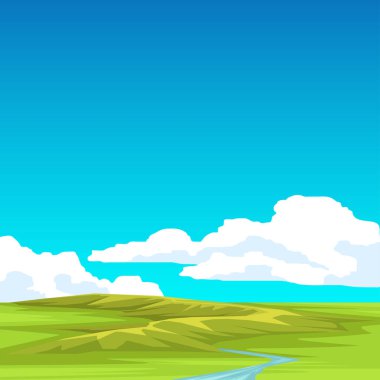 Kare illüstrasyonun vektör posteri. Dağ sırası yeşil bir çayırın ortasında dimdik duruyor. Dağdan bir nehir akıyor. Beyaz bulutlu mavi gökyüzünün arka planı.