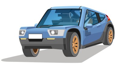 Objec perspektif tasarımı spor yarış rali arabalarının mavi renkleri. Ralli araba sürücüleriyle içeriyi görebiliyoruz. Gölge ve izole edilmiş beyaz arkaplan.