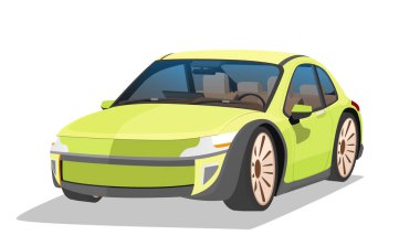 Çizgi film spor araba pastel yeşil renginin nesne perspektifi tasarımı. Arabanın içini görebiliyorum. Gölge ve izole edilmiş beyaz arkaplan.