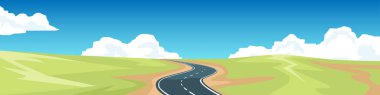 Tüylü bulutlarla dolu mavi gökyüzünün altındaki yemyeşil tepelerde asfalt yol. Seyahat için ideal doğa ve manzaralı yolculuk kavramları.