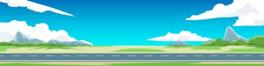 Asfalt yolun yatay ya da yatay arka planı. Arkaplan, geniş açık arazisi ve tepeleri olan düz bir otlaktır. Beyaz bulutlar ve açık mavi gökyüzü.