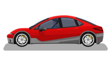 Düz, yumuşak, kırmızı bir sedan aracın detaylı bir vektör çizimi. Yerden yansıyan arabanın gölgesi altında. Şoförle arabanın içini görebilir.