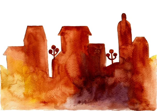Background panorama of the city painted with watercolors. Warm colors stretching from warm brown to orange. Silhouettes of old houses and lanterns are depicted.