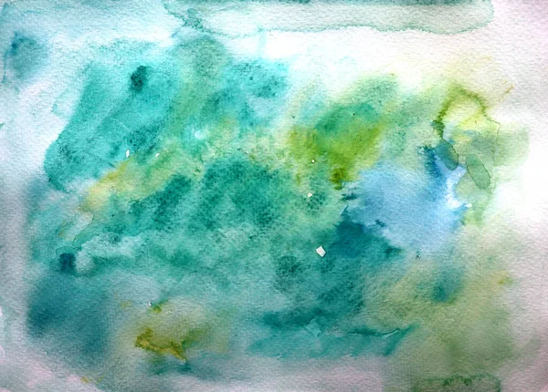 Watercolor blur. Watercolor paper texture. Blue, turquoise and green shades. White spots. Cold atmosphere.