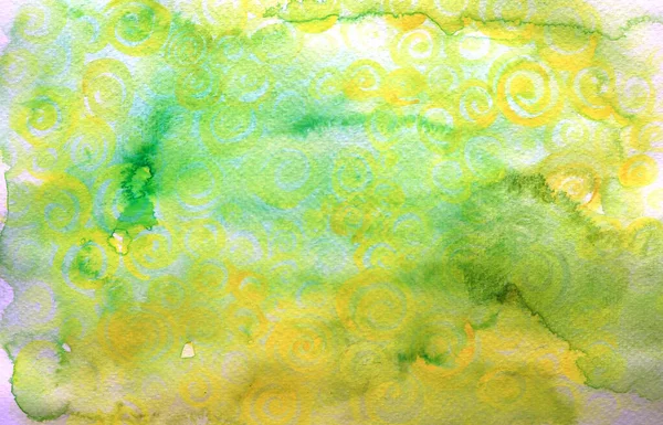 Spirales Jaunes Tourbillons Aquarelle Vert Jaune Fond Flou Texture Papier — Photo