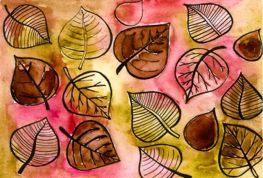 Siyah çizgili çizgilerle ayrılır. Pembe arka plan, koyu renk, sarı renk. Suluboya bulanıklığı.