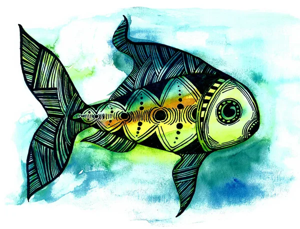 Schwarze Umrisse Fische Mit Ornamenten Isoliert Auf Einem Farbigen Hintergrund — Stockfoto
