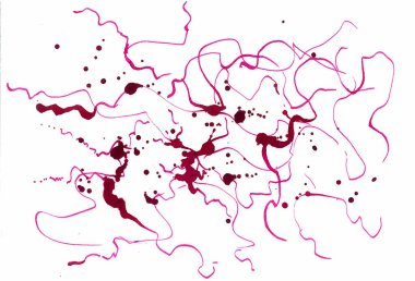 Soyut arkaplan. Kaotik kıvrımlı pembe çizgiler ve beyaz arkaplanda damlalar.