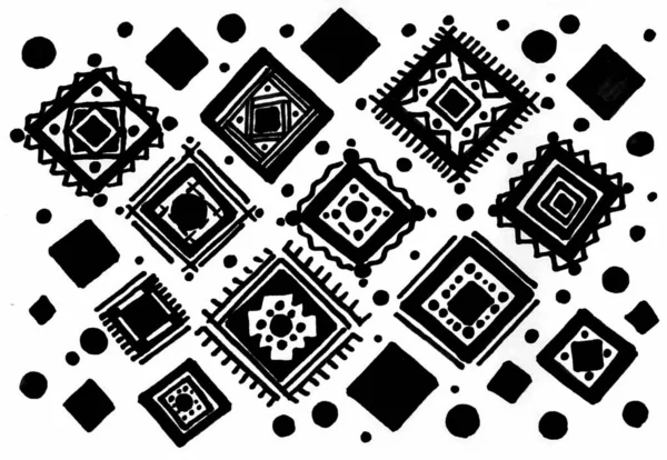Schwarze Ornamente Auf Weißem Hintergrund Diamanten Kreise Zickzack Linien Punkte — Stockfoto