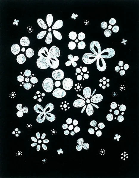 Siyah arka planda çeşitli beyaz çiçeklerin deseni. Süslü biçim.