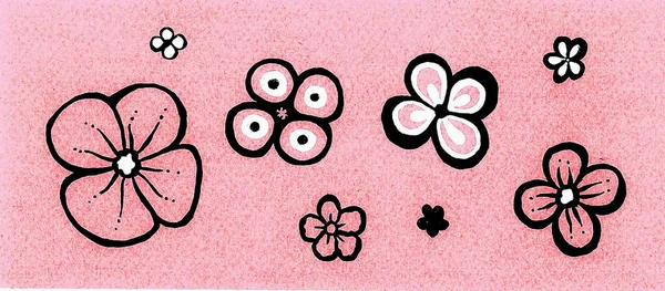 Various flowers in a black outline with white splashes on a pink background. Watercolor paper texture.
