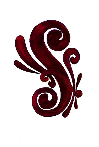 Curl Decorativo Vermelho Escuro Isolado Fundo Branco Desfoque Aquarela Contorno — Fotografia de Stock