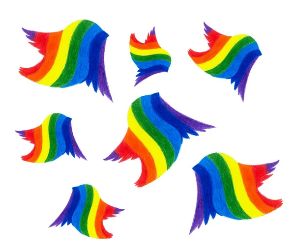 Birds Colors Rainbow Drawn Colored Pencils Birds Different Sizes White — Stock Photo, Image