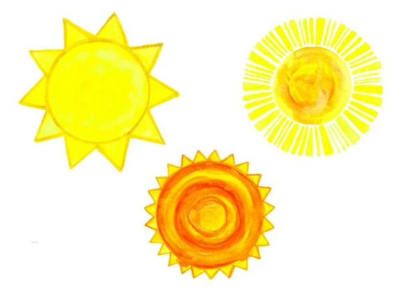 Tres Soles Amarillo Anaranjados Diferentes Acuarela Borrosa Fondo Blanco —  Fotos de Stock