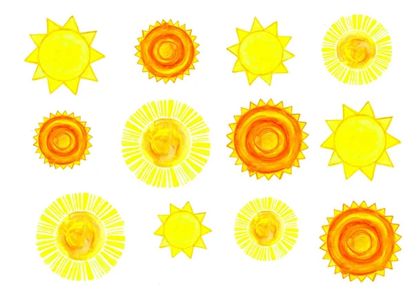 白色背景上的太阳图案 水彩画模糊 太阳与射线 黄色橙色与三角射线 — 图库照片