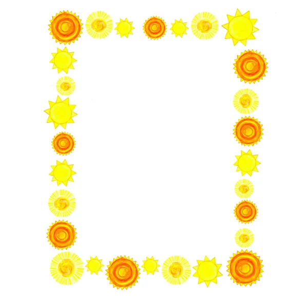 白色背景上的各种不同的太阳的画框 水色模糊 黄色和橙色 装饰风格 — 图库照片