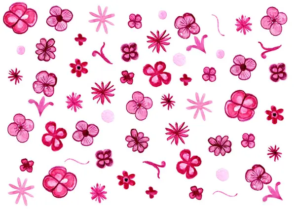 Патерн Рожевих Квітів Білому Тлі Квіти Різних Форм Листям Або — стокове фото