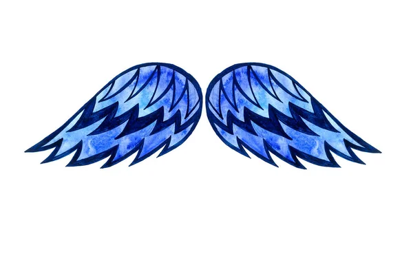 Blauwe Vleugels Een Witte Achtergrond Donkere Omtrek Aquarelvervaging Geschilderd Met — Stockfoto