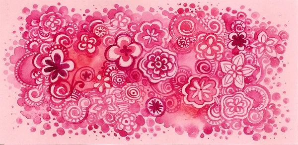 Rózsaszín Virágok Díszek Mintája Körök Pontok Spirálok Örvények Díszítő Elemek — Stock Fotó