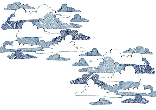 Nuvens Azuis Sobre Fundo Branco Doodle Desenhado Linearmente Algumas Das — Fotografia de Stock
