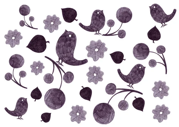Madarak Virágok Levelek Sziluettjeiből Szürke Ceruzával Árnyékolva Fehér Háttér — Stock Fotó
