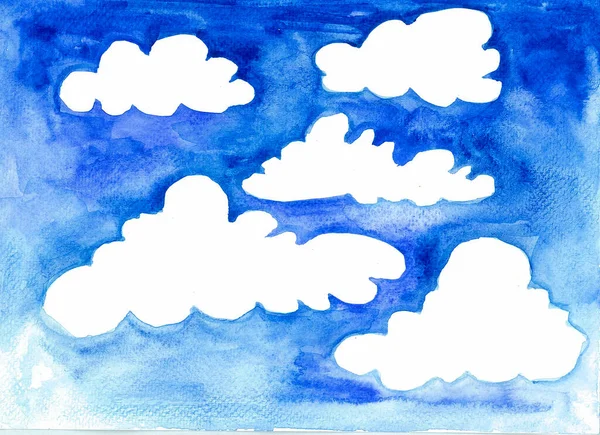 White Clouds Blue Sky Sky Dark Becomes Lighter Bottom Watercolor — Stock Photo, Image