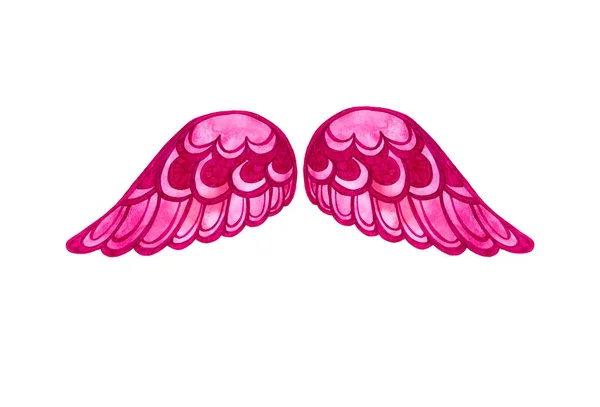 粉红翅膀 白色背景 粉色轮廓和水彩画模糊 四舍五入装饰风格 — 图库照片