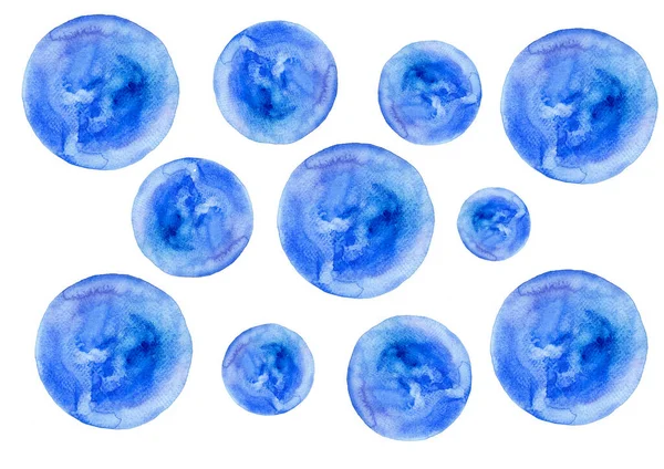 Blaue Kreise Unterschiedlicher Größe Auf Weißem Hintergrund Aquarell Verschwimmt Unterschiedliche — Stockfoto