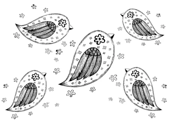 Pattern of black and white birds and flowers. Birds in profile, flowers around. Graphically drawn. Black outlines and white background.