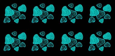 Soyut noktaların deseni. Noktalar doğrusal çizilir ve bir noktayla doldurulur. Mavi renk. Şekil çileğe benziyor. Siyah arkaplan.
