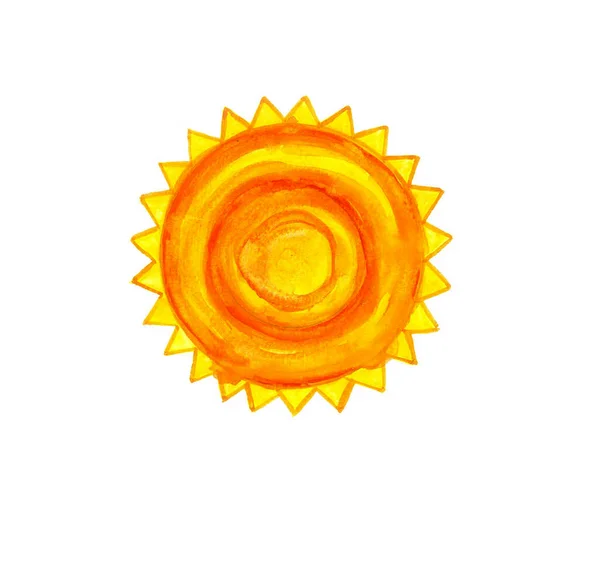 白い背景に太陽 オレンジ 水彩ブラー 暗い輪郭を持つ黄色の三角形の光線 — ストック写真