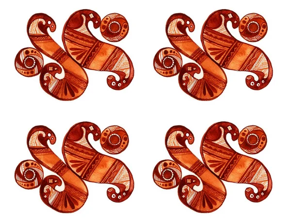 Wzór Czterech Identycznych Elementów Ozdoby Czerwono Brązowy Kolor Białe Tło — Zdjęcie stockowe