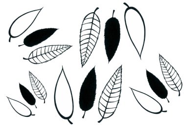 Yaprak deseni. Siyah dolgu, kontür kalıbı ve içindeki damarlarla çevreleme kalıbı. Farklı boyutlarda ve pozisyonlarda üç yaprak tekrarlanır..